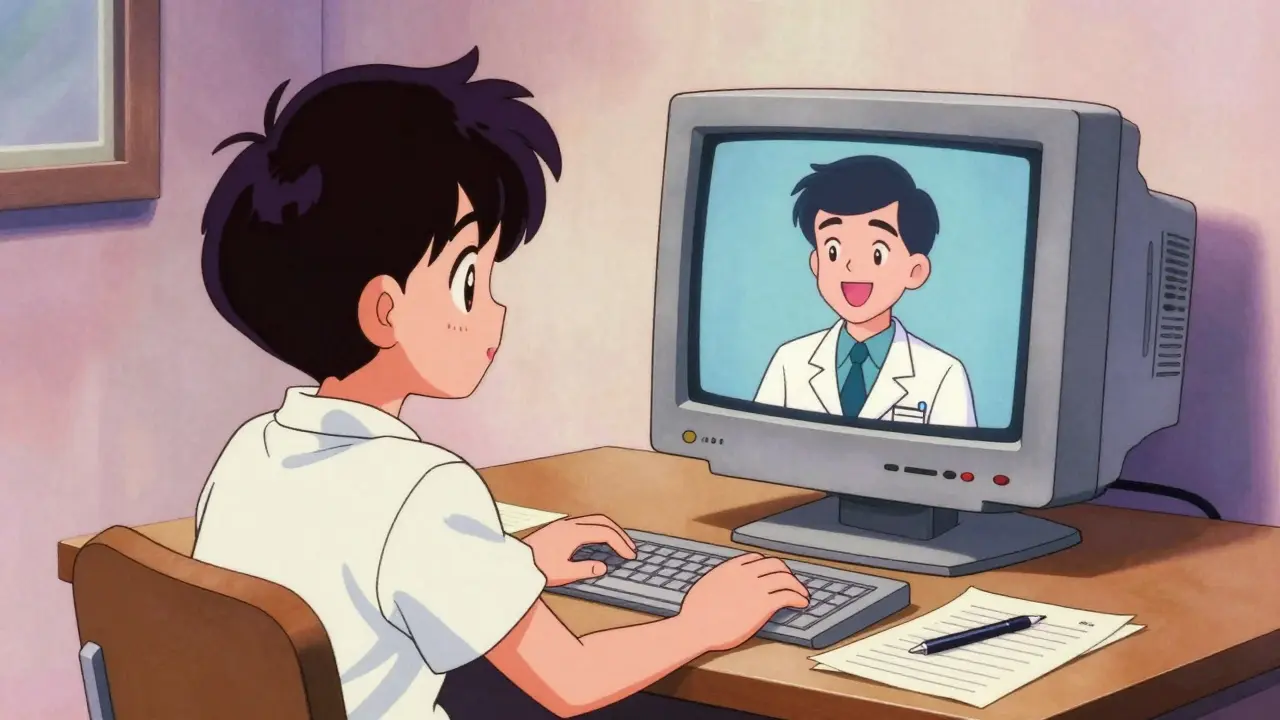 Vintage anime character having a telehealth video call with a doctor at home.