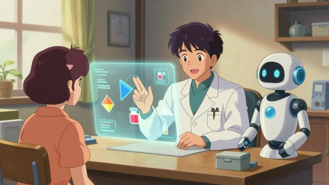 Doctor and patient connected via tech with AI assistance in retro anime style