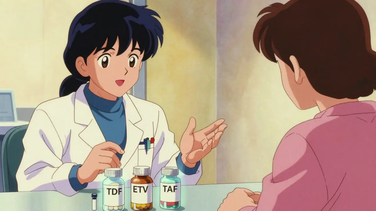 Doctor explaining antiviral pills to a patient in a warm, hopeful retro anime setting.