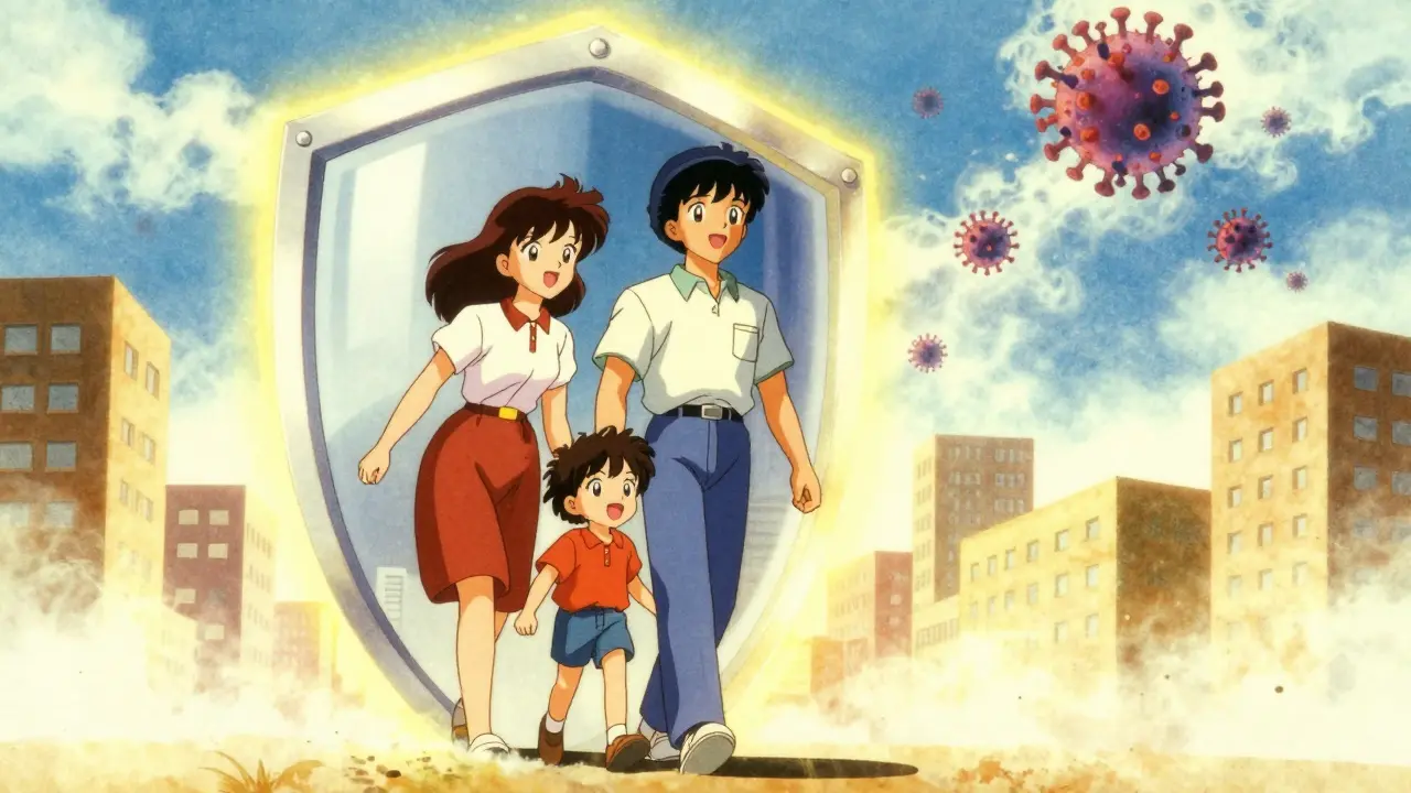 Family protected by a glowing shield against dissolving viruses in retro anime art.