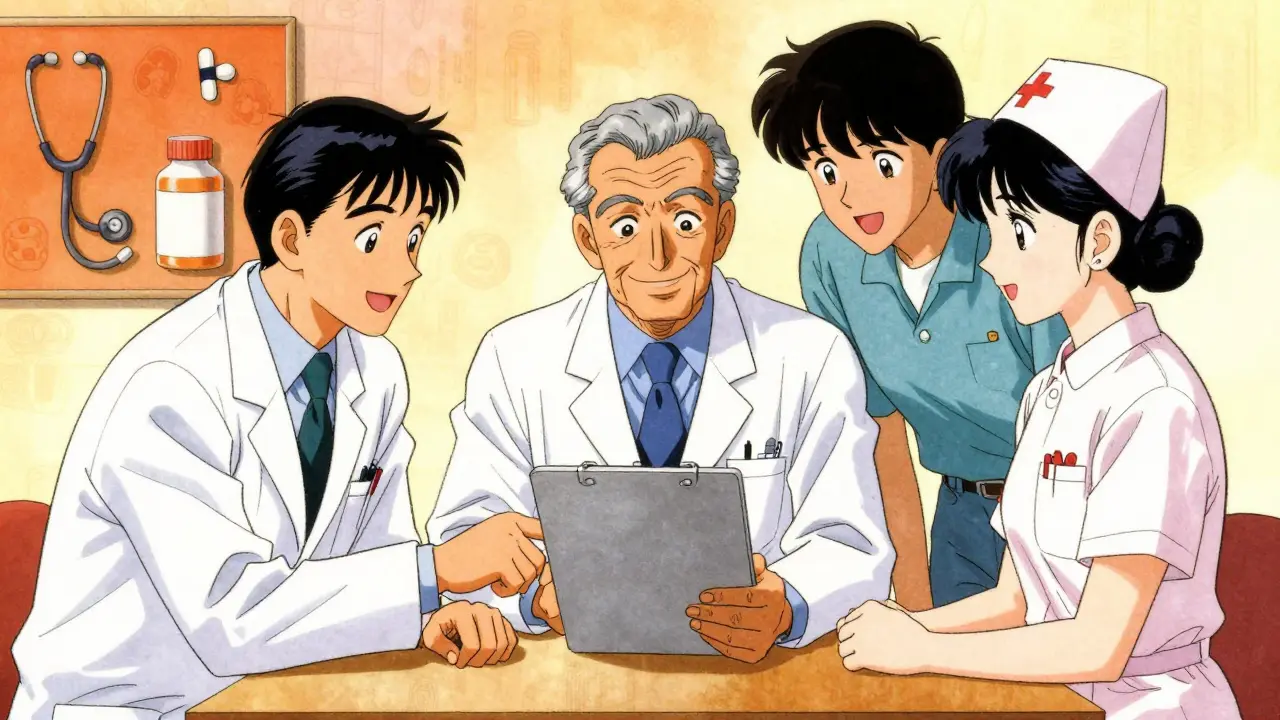 Healthcare team collaborating happily on medication plans in vintage manga art