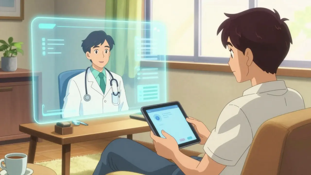Man consulting a doctor via tablet in a cozy retro anime setting