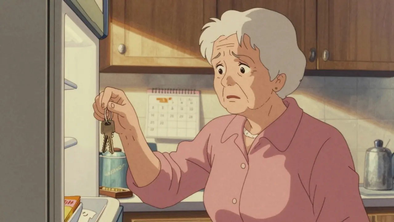 Manga style elderly woman confused by misplaced keys in kitchen