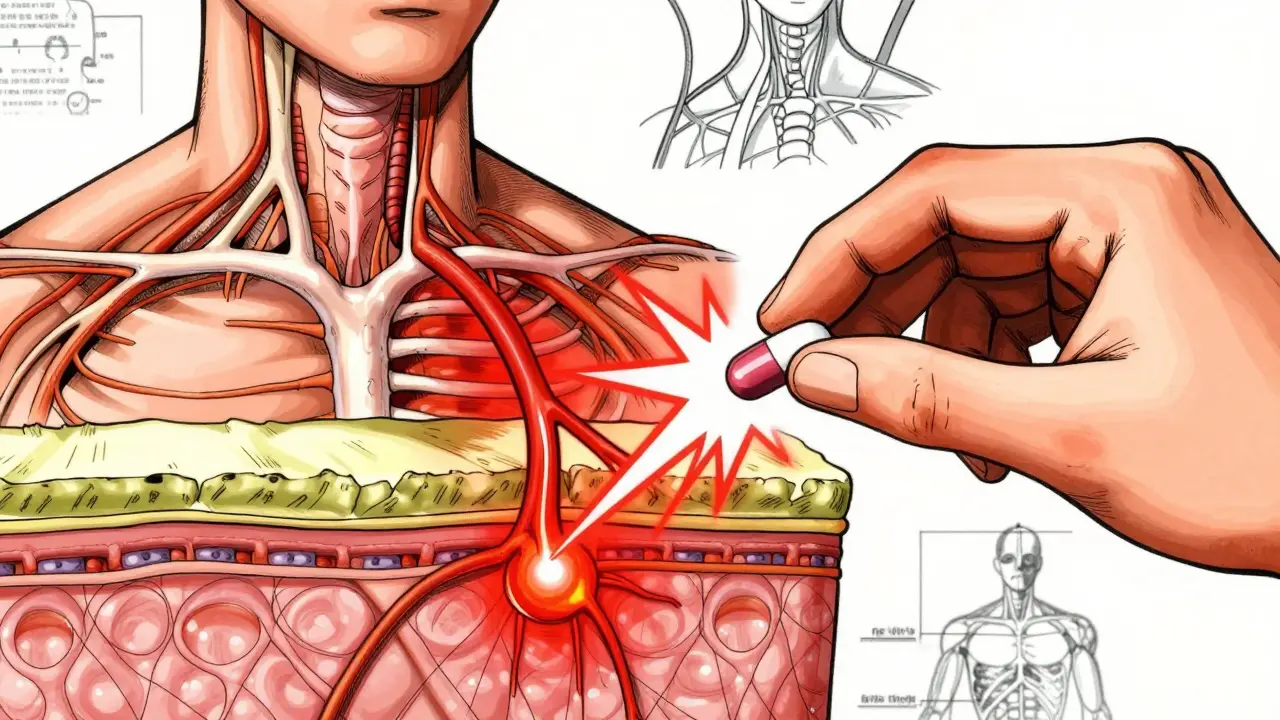 Manga style illustration of pill affecting nerves