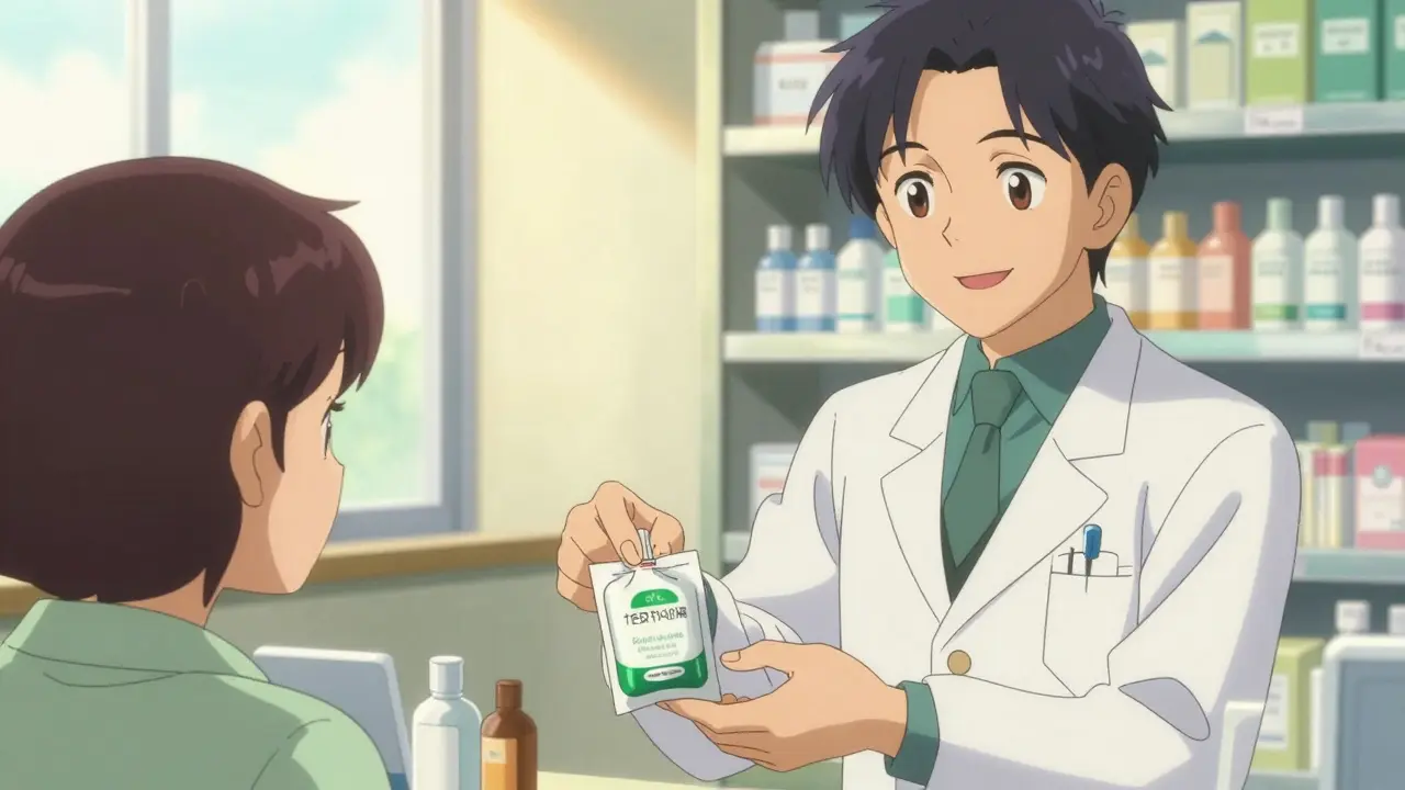 Pharmacist handing soothing creams to patient