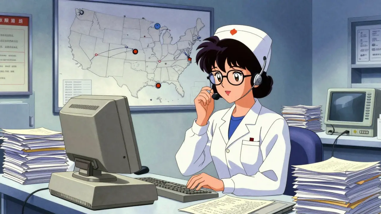 Poison control specialist answering calls in an office