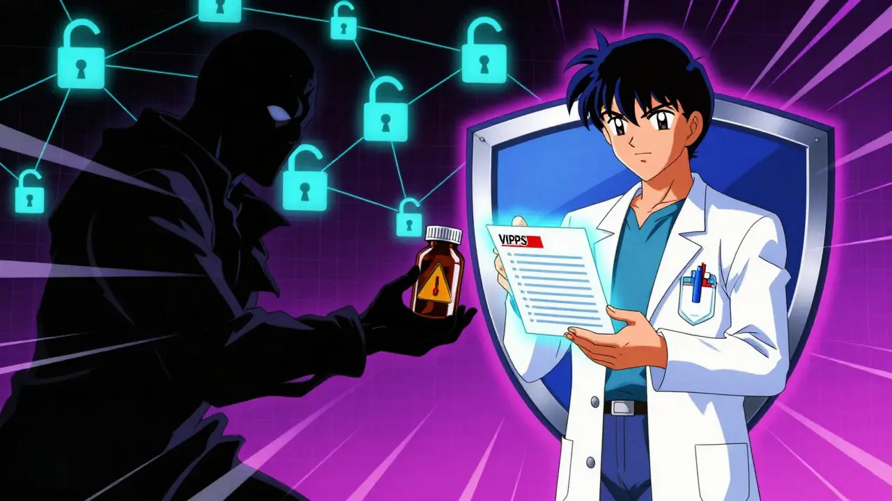 Retro anime graphic contrasting unsafe rogue pharmacies with verified ones