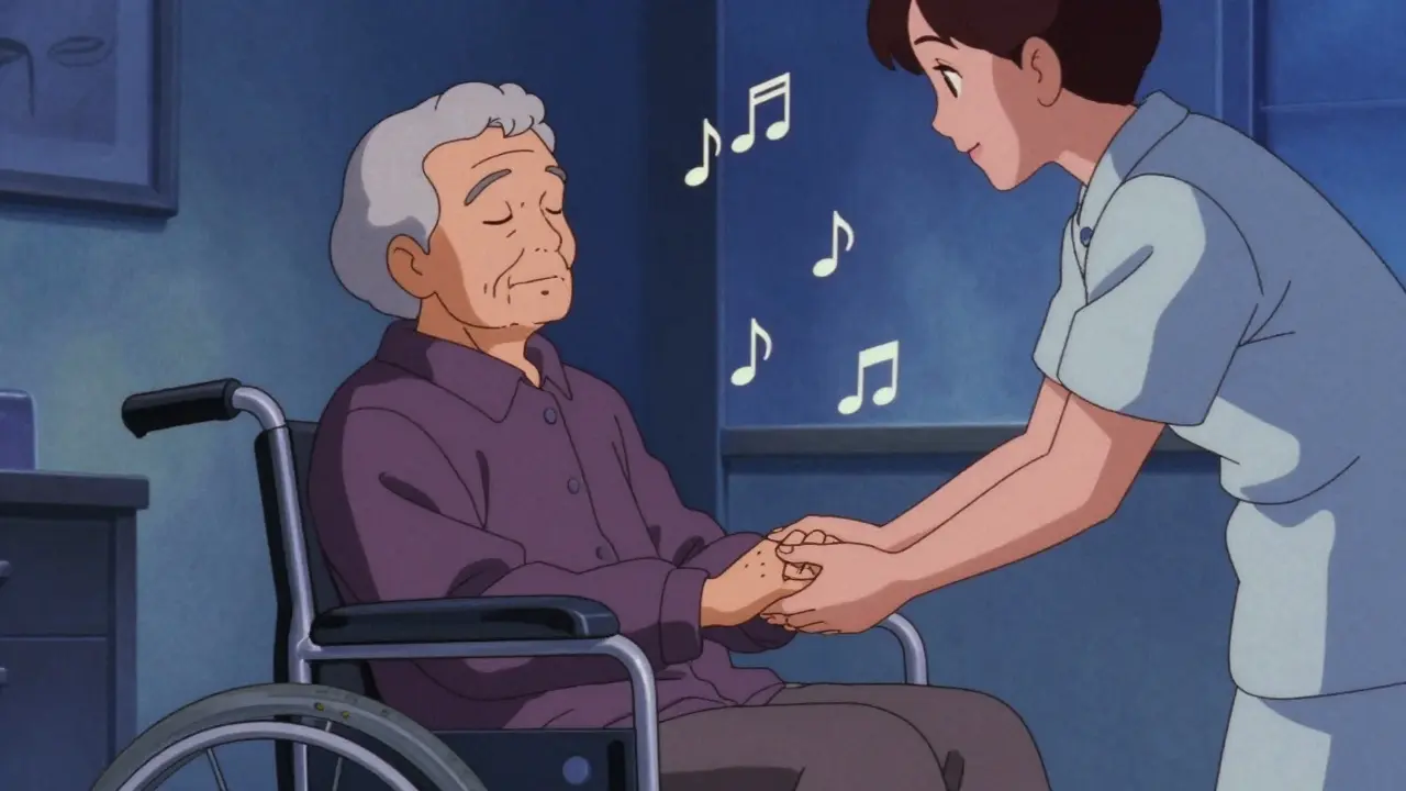 Retro anime scene of caregiver holding patient's hand peacefully