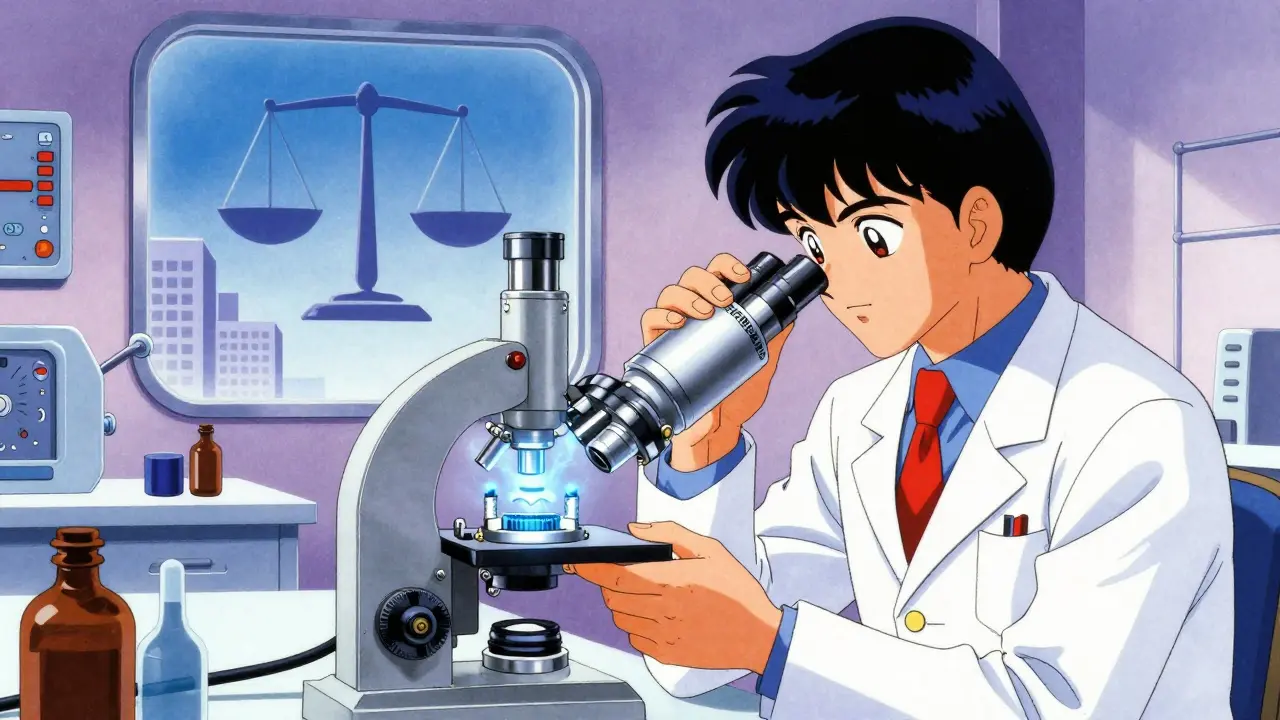 Scientist examining complex generic inhaler in retro lab