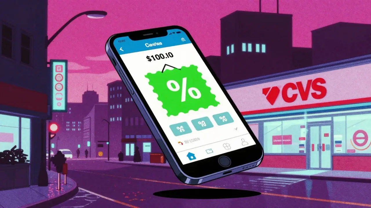 Smartphone showing digital pharmacy coupons over city backdrop
