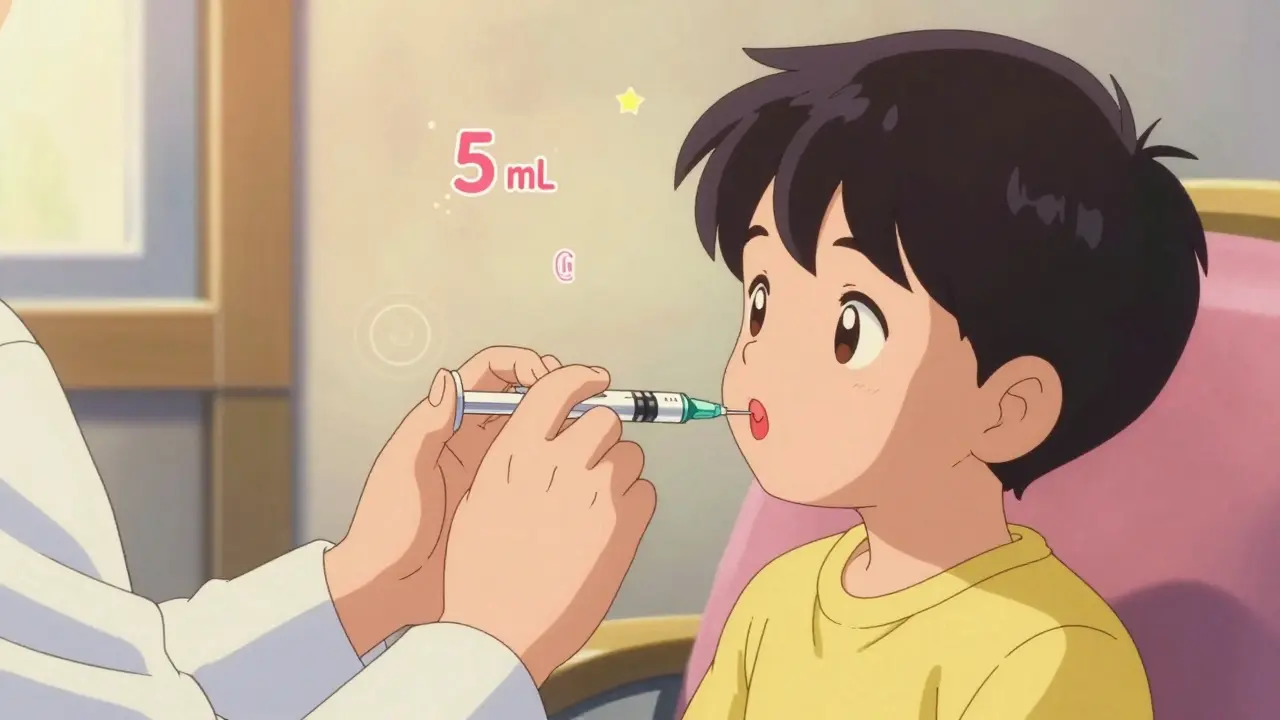 Caregiver safely giving medicine to child with syringe, retro anime