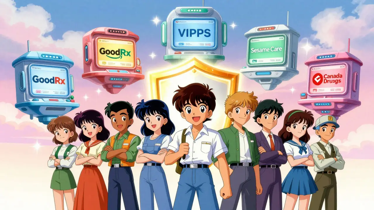 Characters celebrating safe, verified online pharmacy options