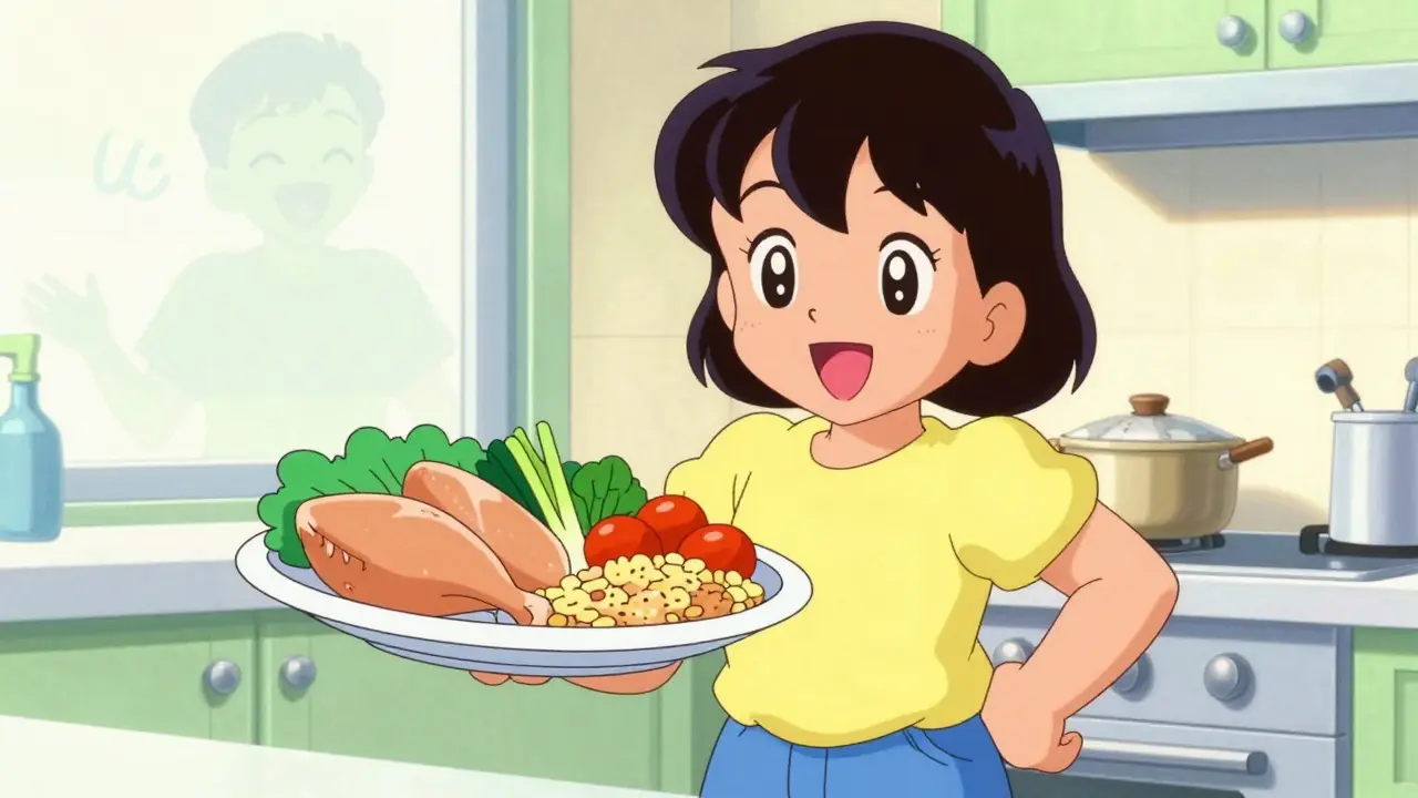 Cheerful anime character eating healthy low-fat food after recovery