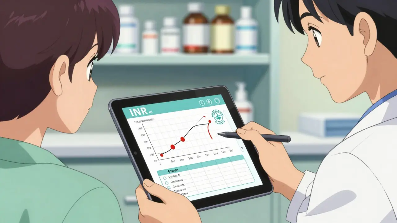 Doctor and patient reviewing medication safety checks on tablet