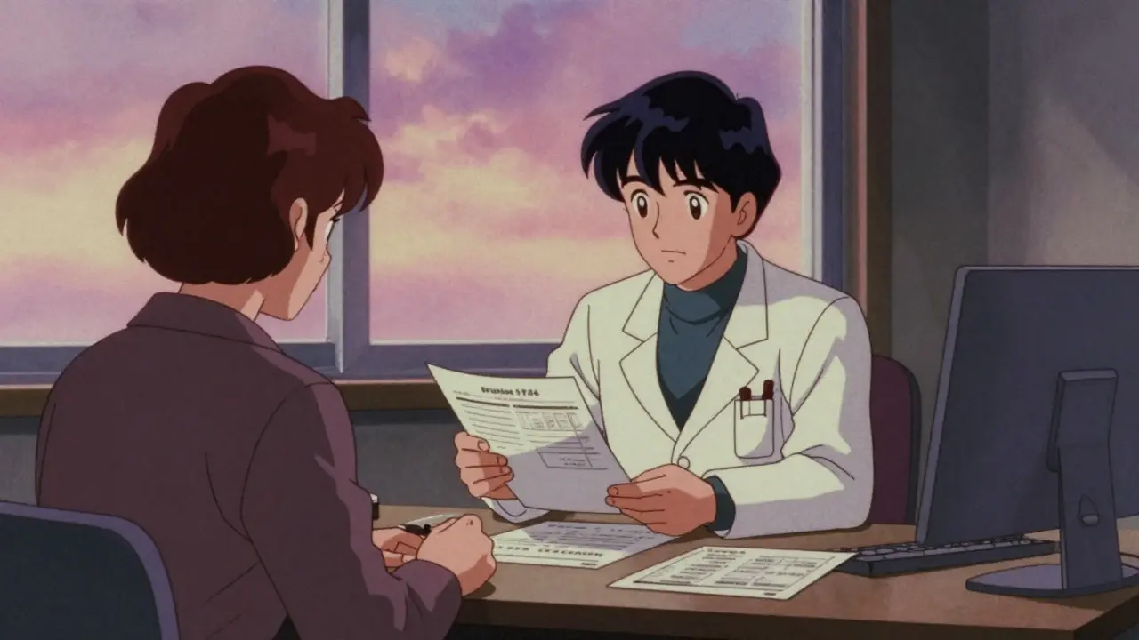 Doctor and patient reviewing prescription plans together in a calm, retro anime setting.