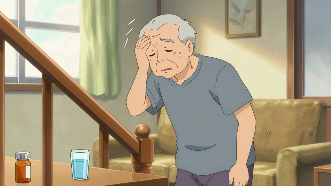 Elderly anime character holding railing while feeling dizzy