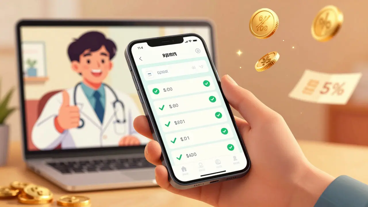 Hand holding phone showing discounted antibiotic prices