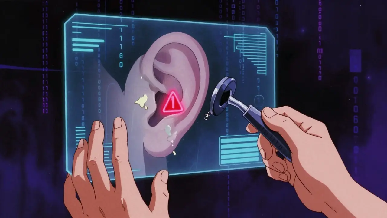 Holographic ear diagram showing remote tech limits and need for exams