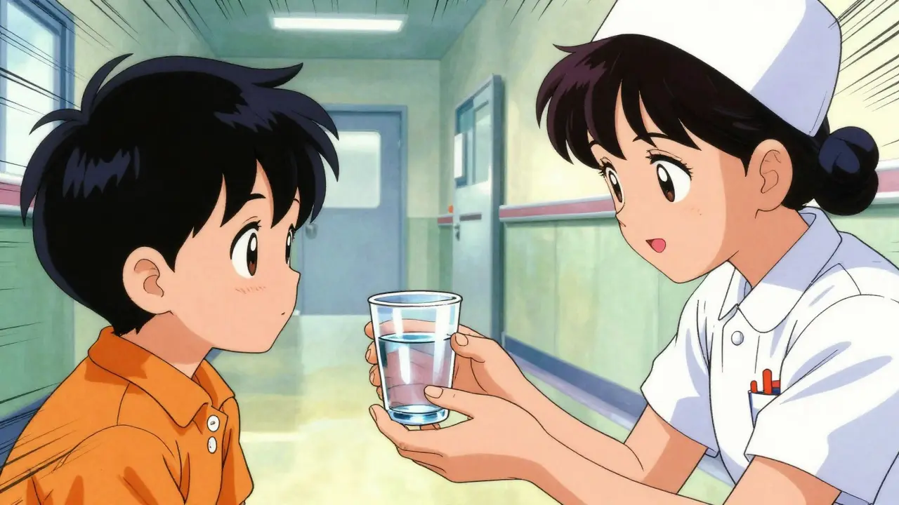 Nurse giving clear liquid to child for pre-op hydration