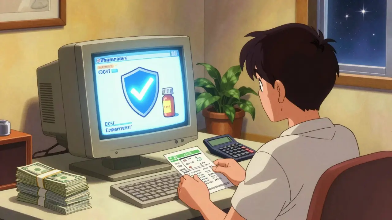 Person checking legitimate online pharmacy prices on vintage computer