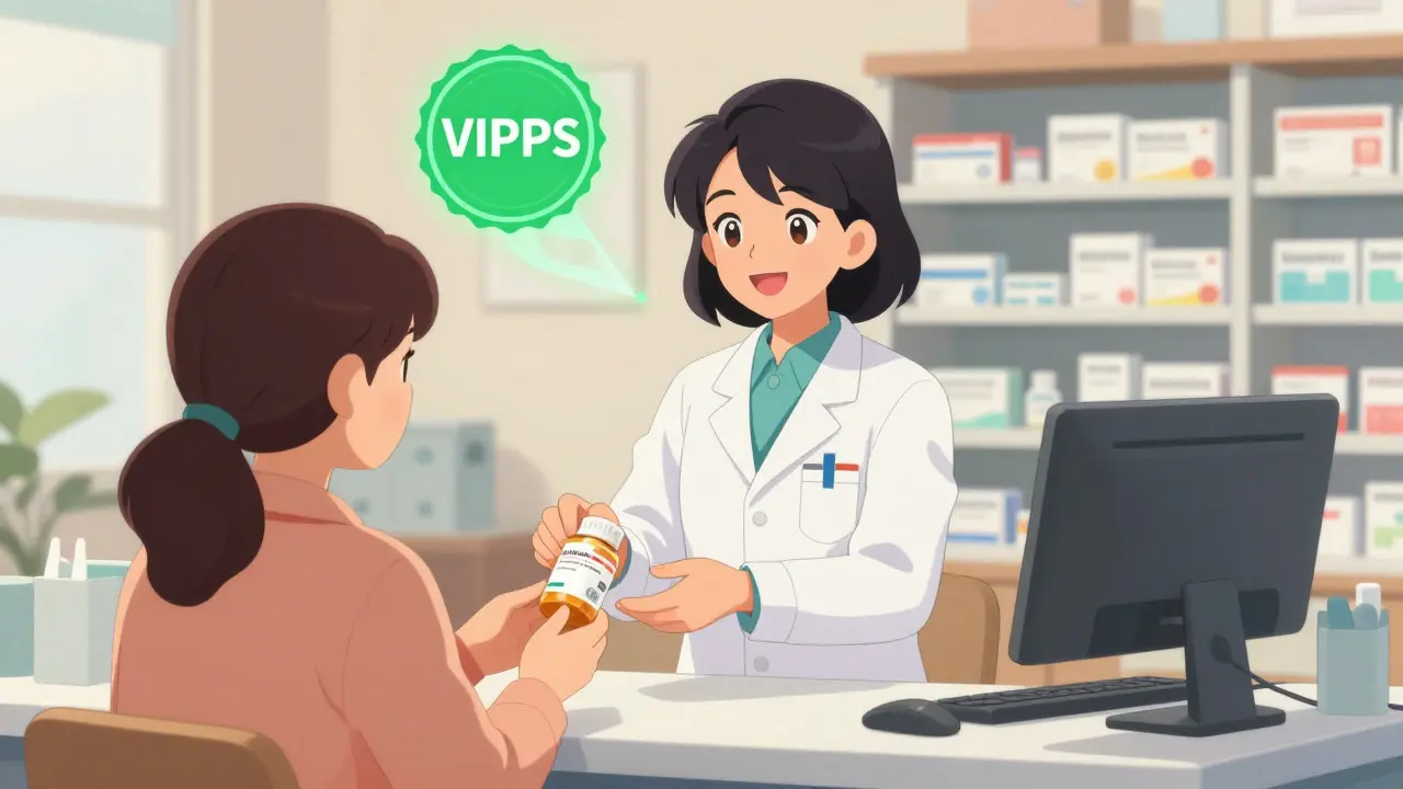 Pharmacist handing medication to patient with VIPPS safety seal