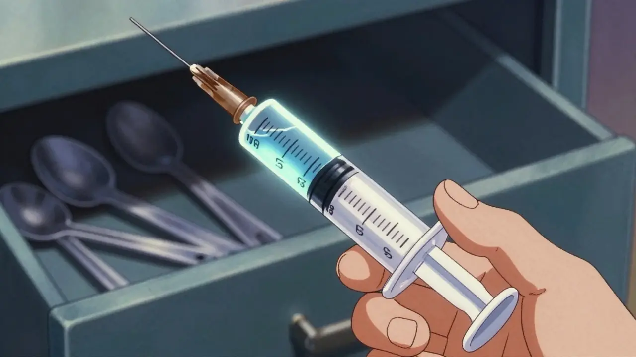 Precise oral syringe with ml markings vs blurry spoons, retro anime