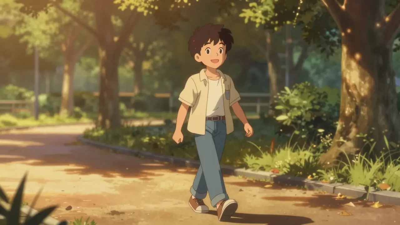 Retro anime character walking happily in park after eating