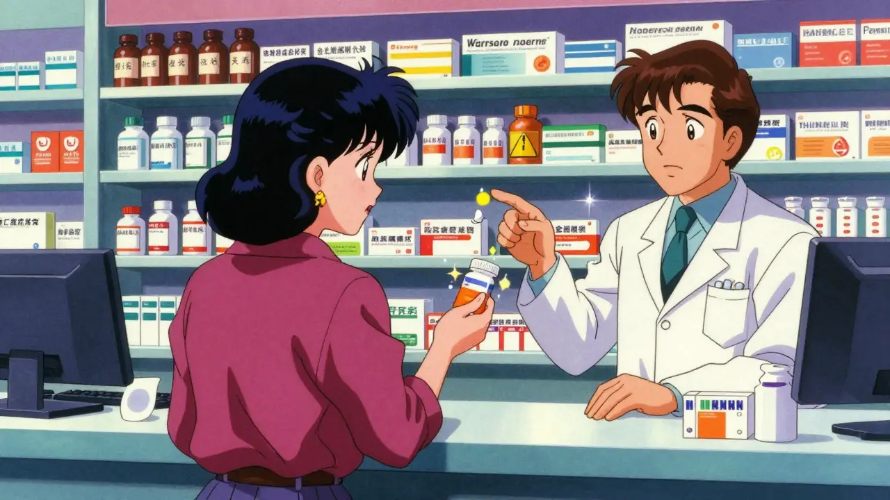 Retro anime scene of a patient checking drug interactions at a pharmacy.