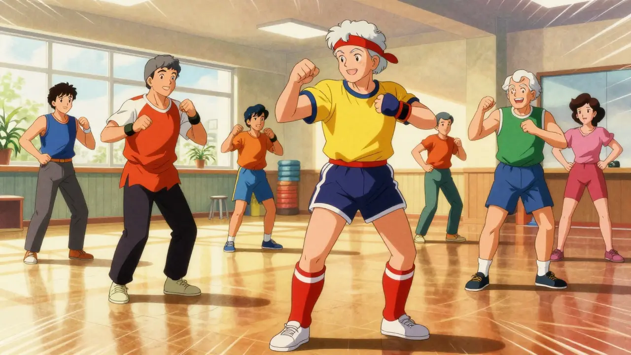 Retro anime senior exercising in a bright community gym