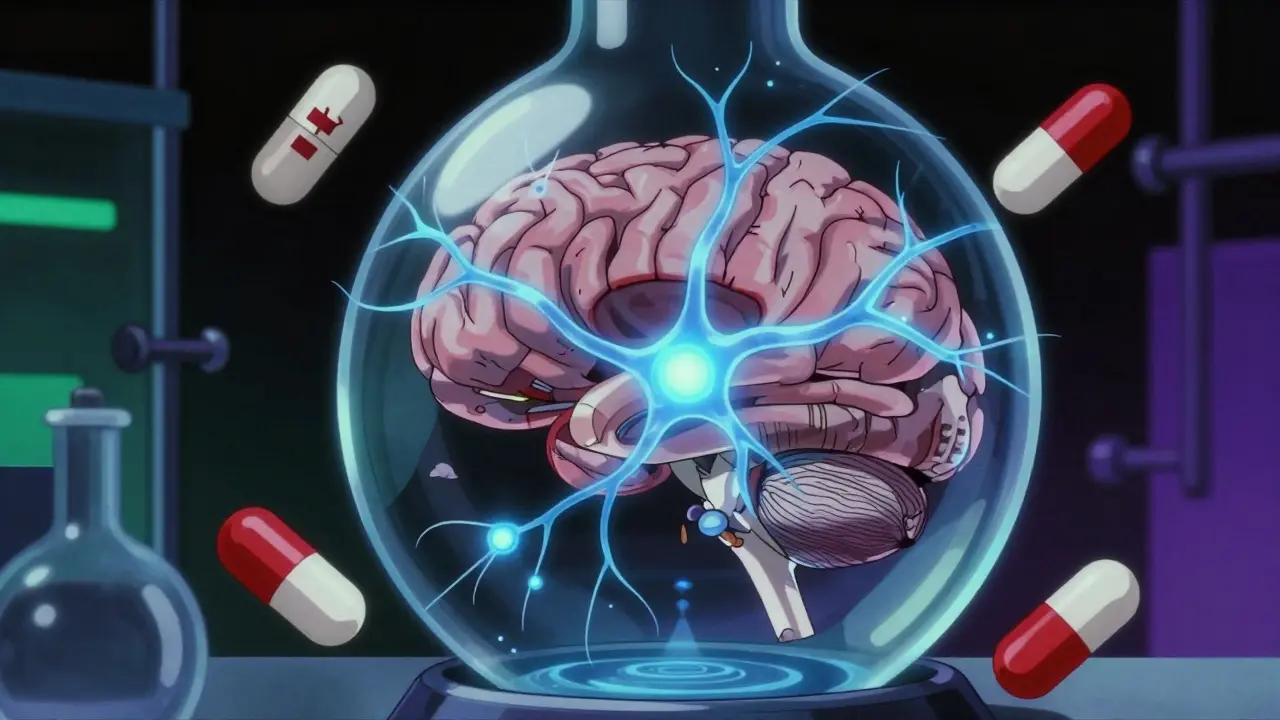 Vintage anime brain diagram showing dopamine neurons and pills