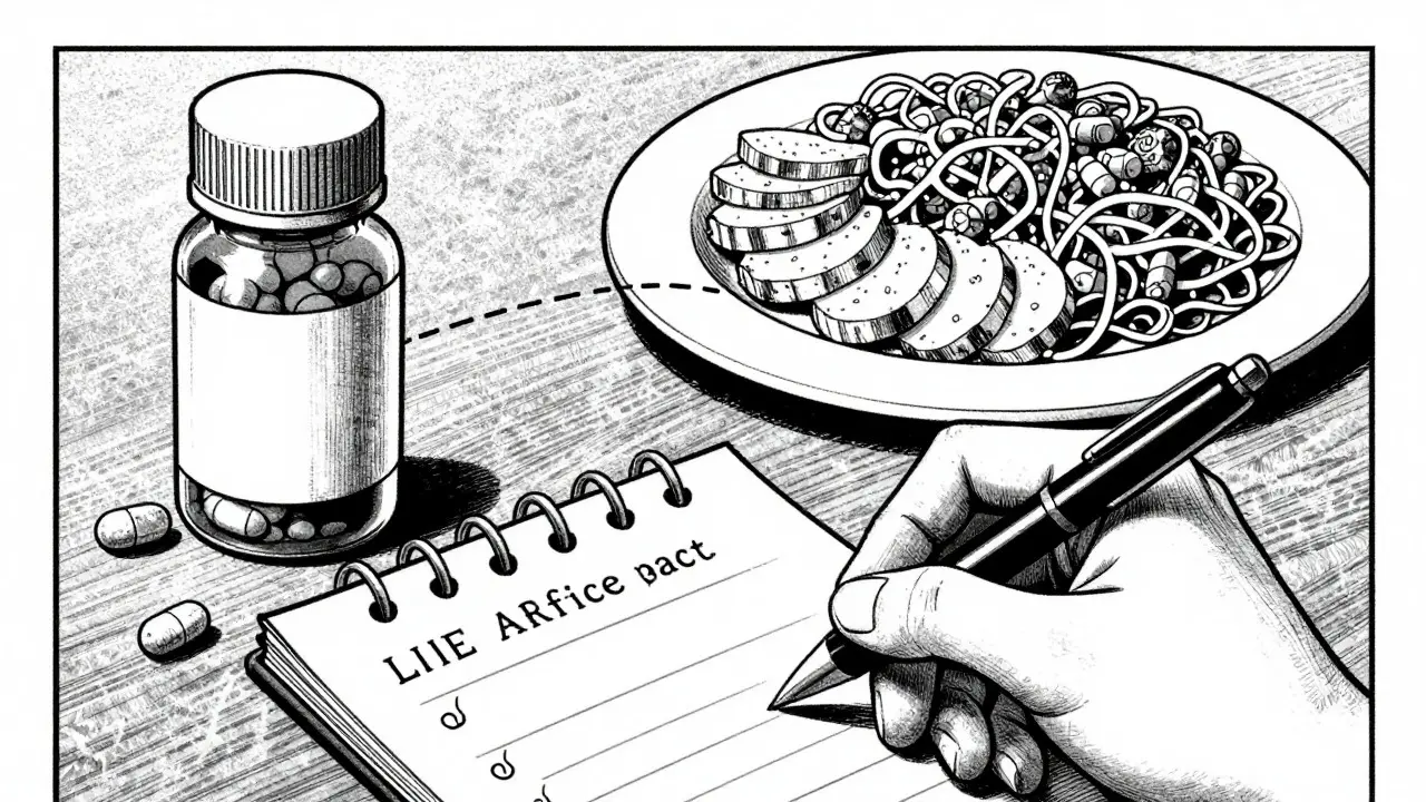 Vintage manga panel illustrating medication timing and food interactions.