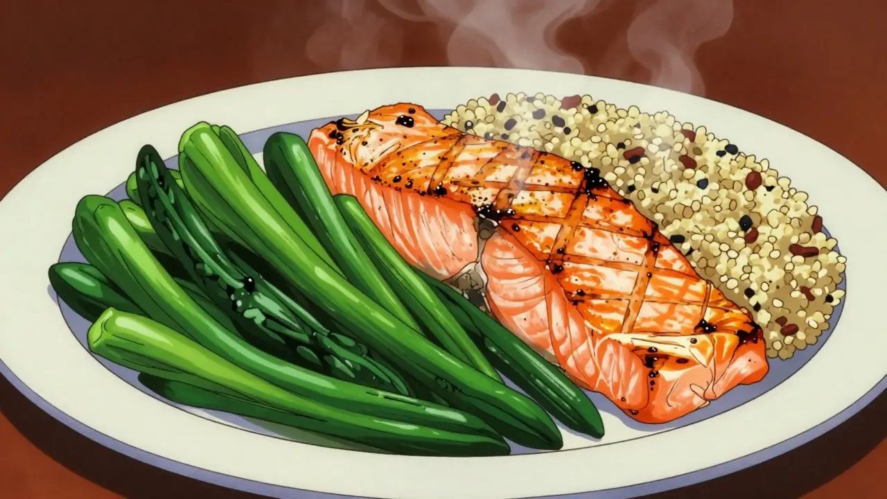 Vintage manga style balanced plate with fish, quinoa, and greens
