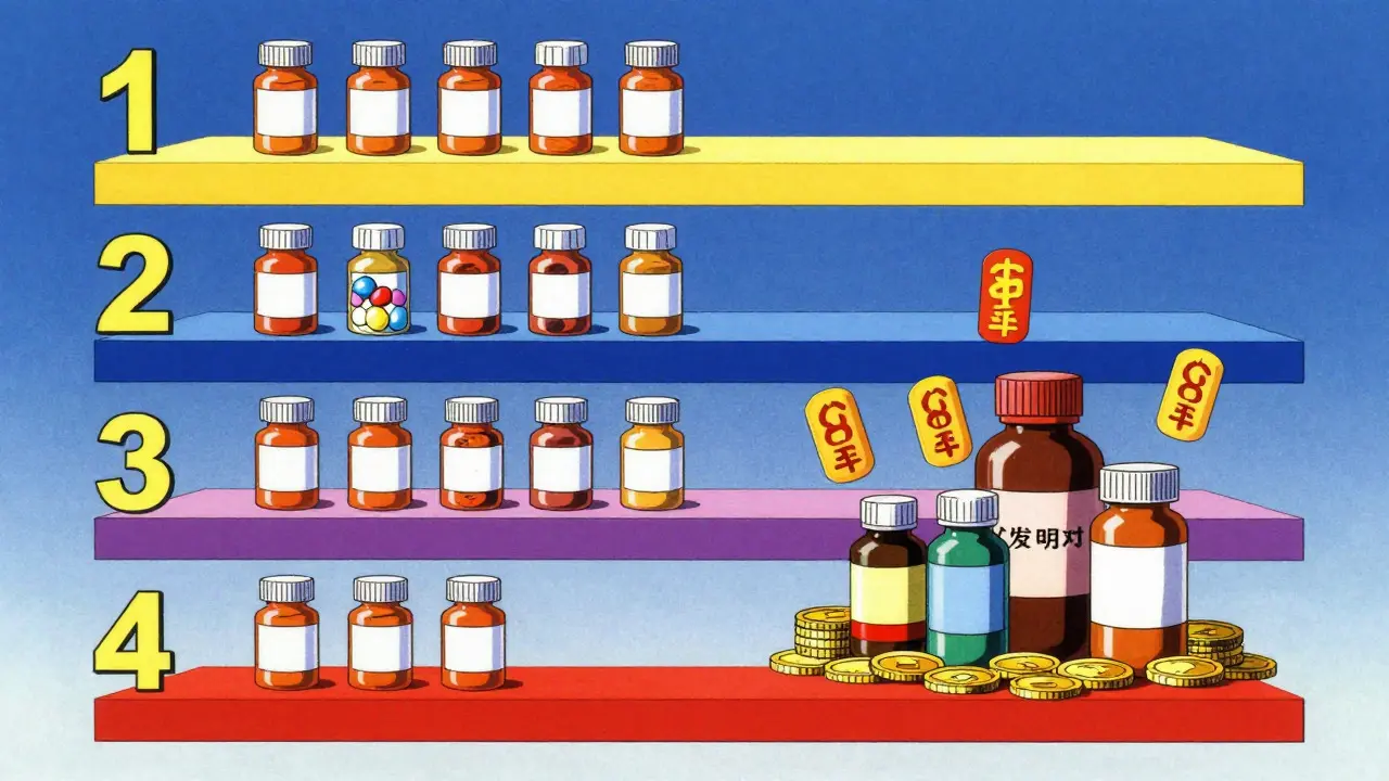 Visual representation of insurance drug tiers with pills and costs in vintage anime art style.