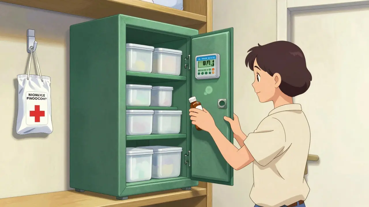 A parent securing medications in a locked wall safe in a dry room.
