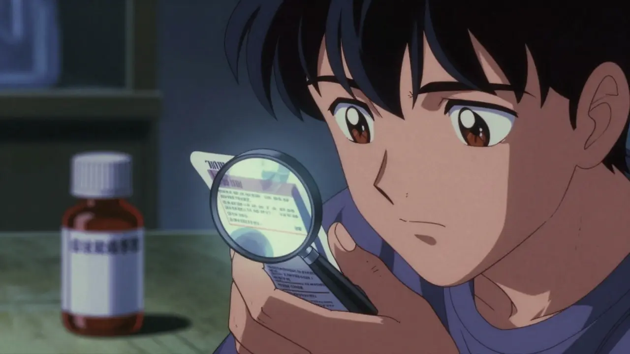 A person inspecting a pill bottle under light to check for counterfeit signs.