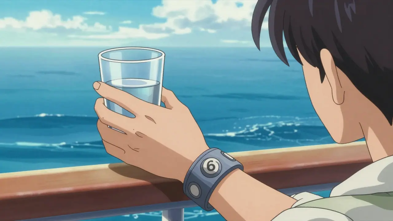Anime character using acupressure band and drinking water