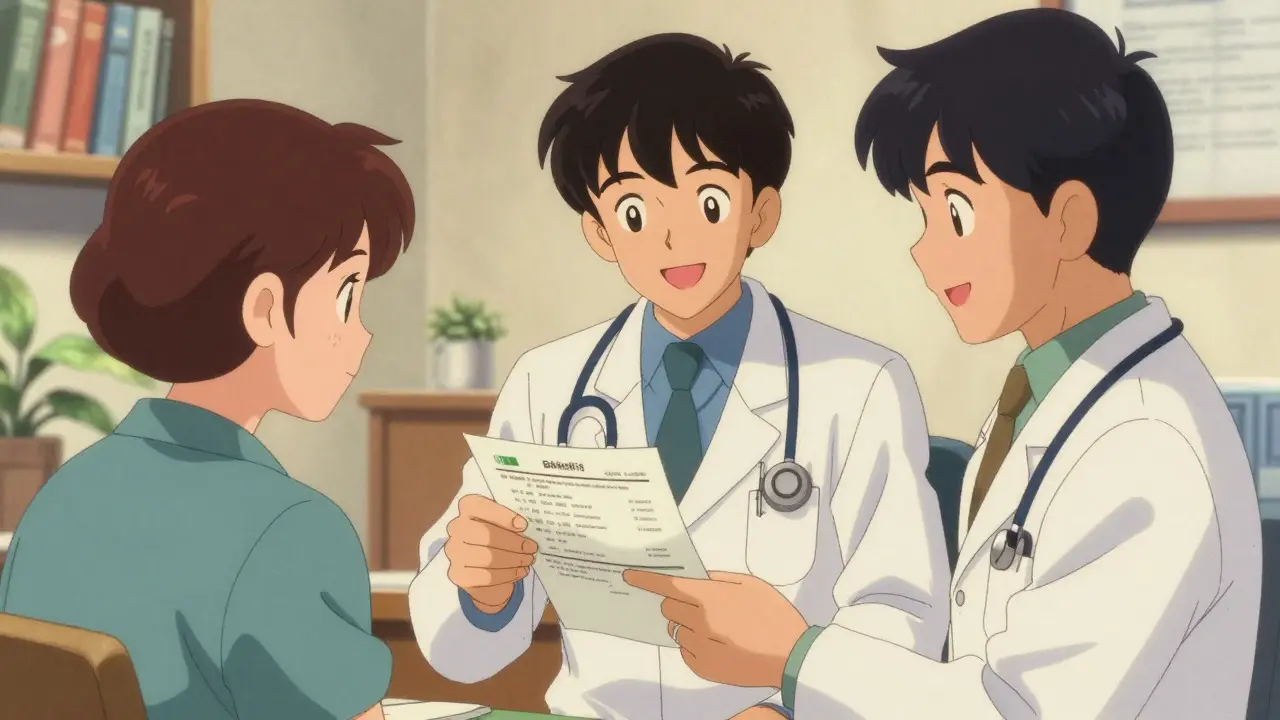 Anime doctor explaining prescription options to a smiling patient