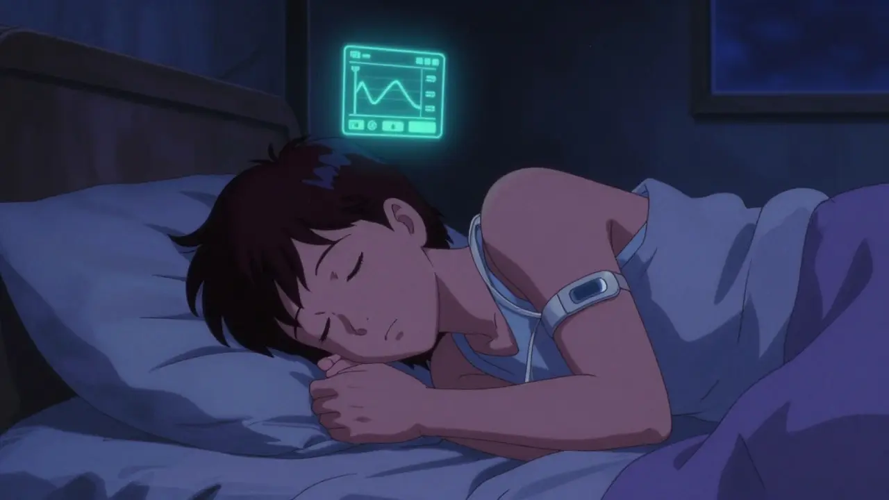 Anime person sleeping with a glowing glucose monitor alert