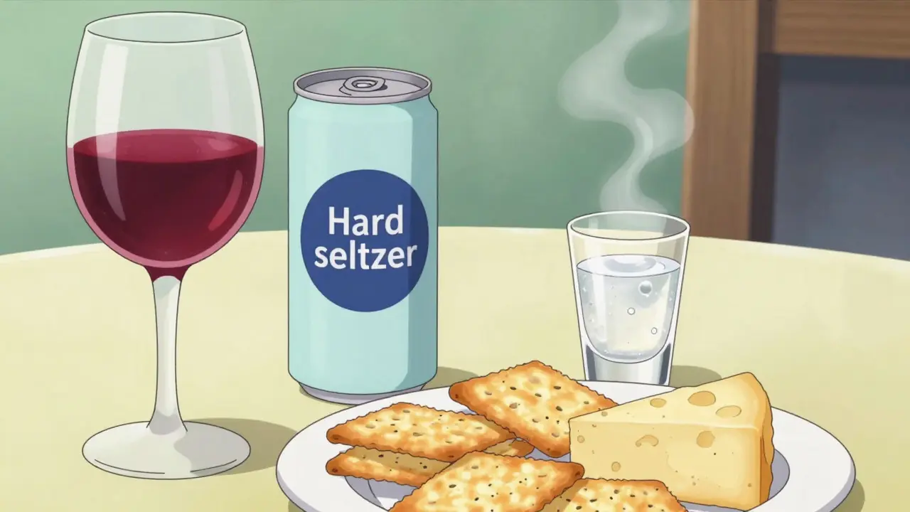 Anime style display of low-carb drinks and snacks on a table