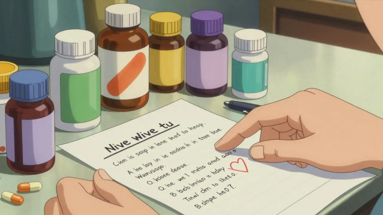 Hand organizing pill bottles and a medication list on a table