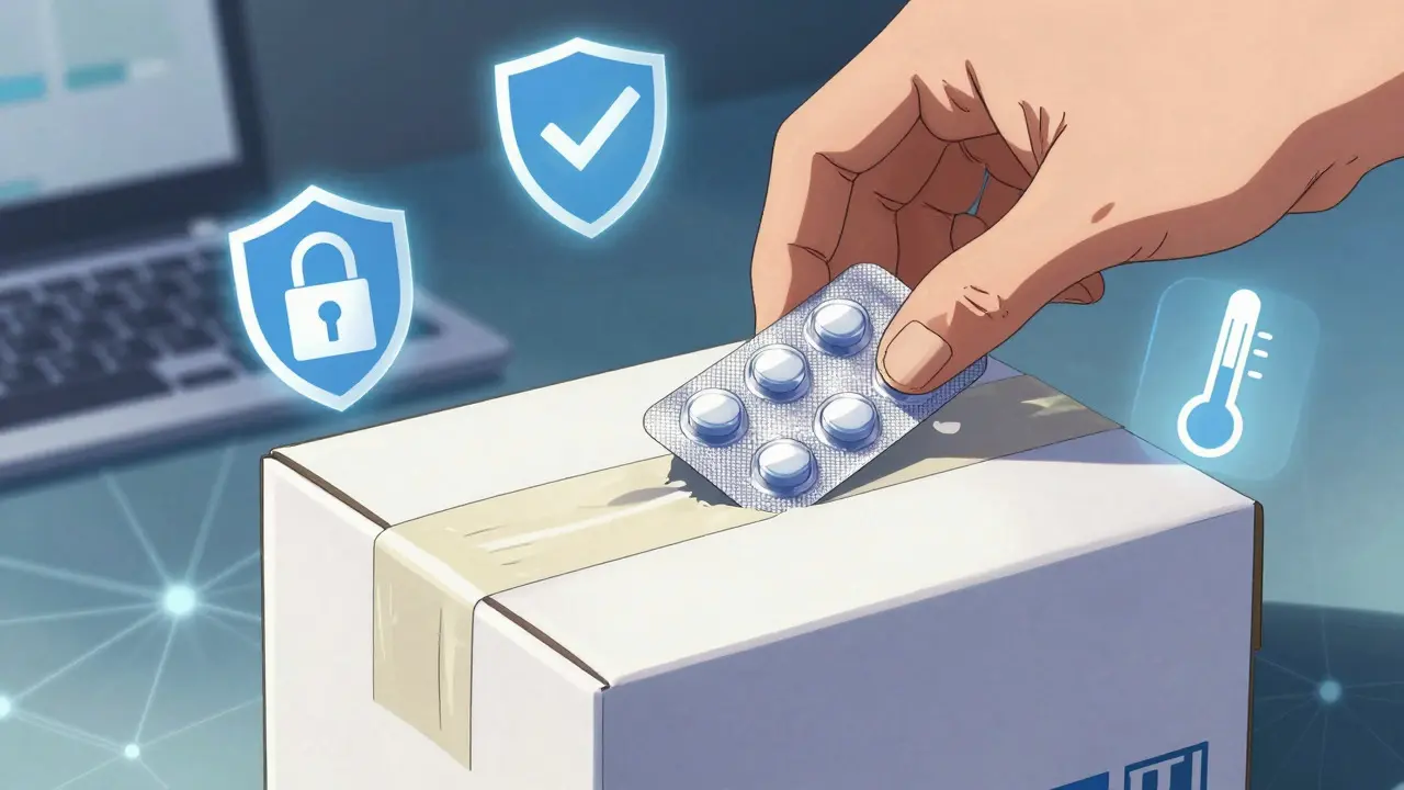 Hand sealing a medication box with security icons floating around