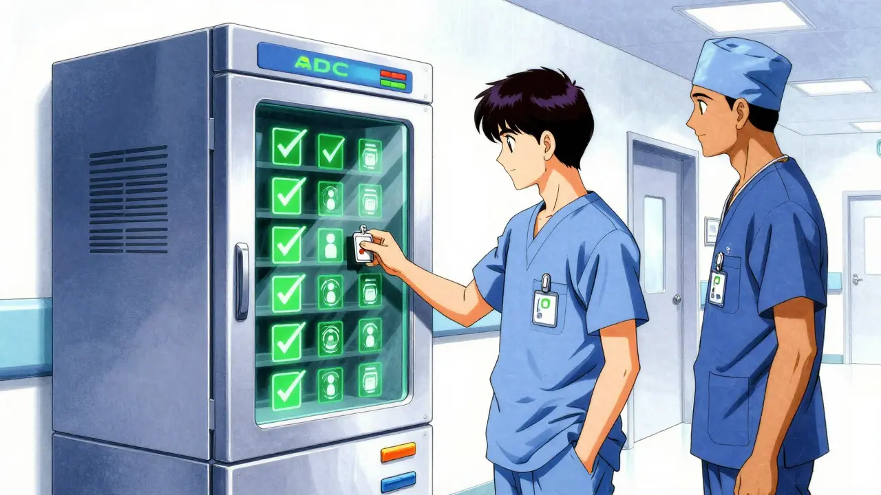 Healthcare staff using automated dispensing cabinets for secure storage.