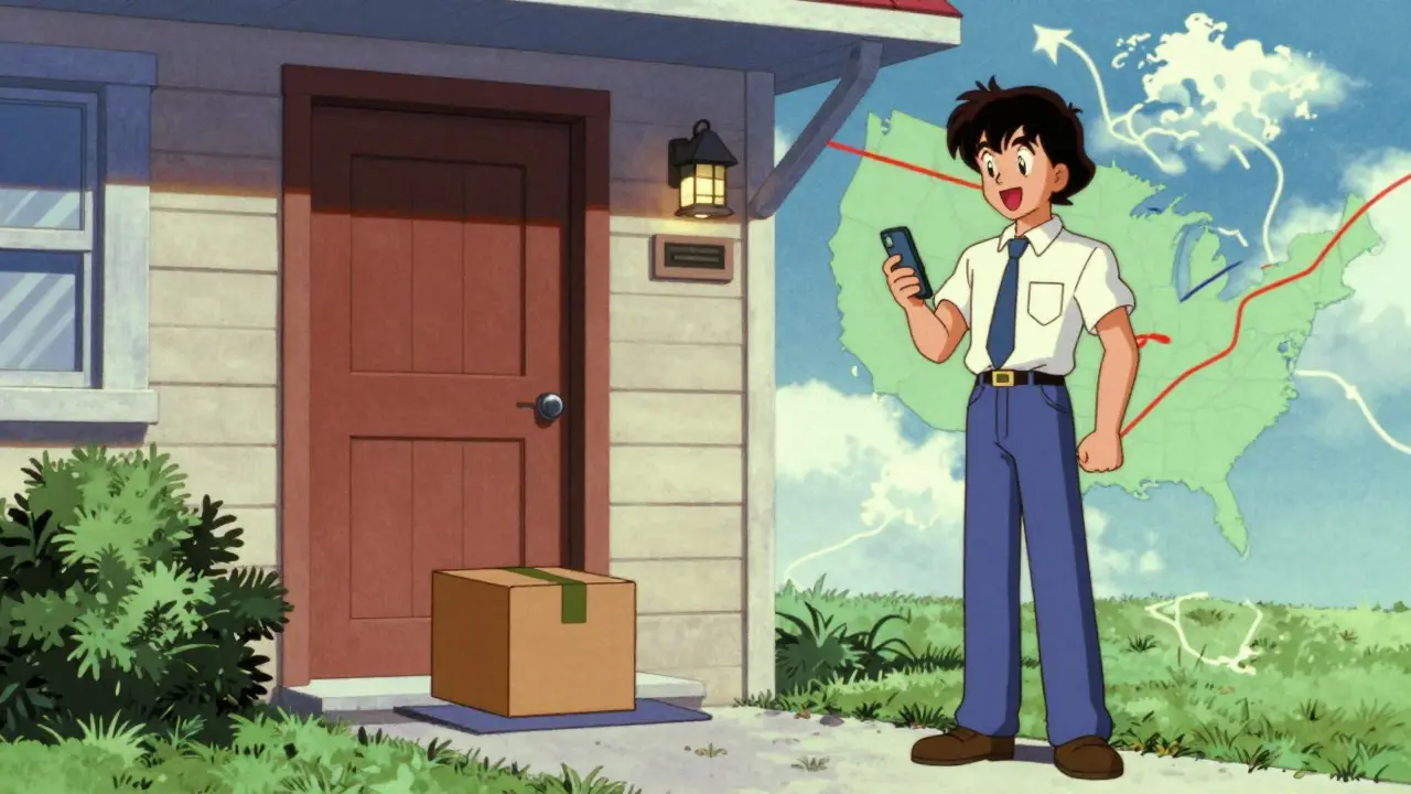 Mail order medicine box arriving at a doorstep in retro anime art