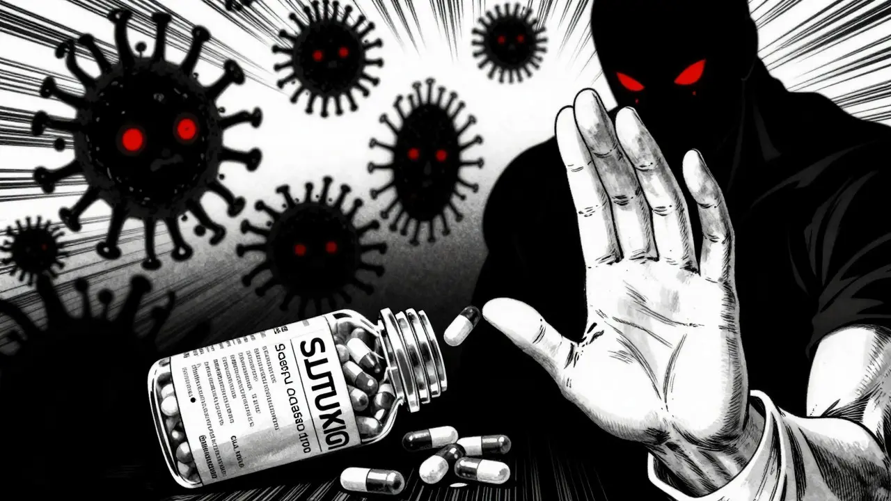 Manga art showing bacteria rising from stopped antibiotics, symbolizing resistance risk.