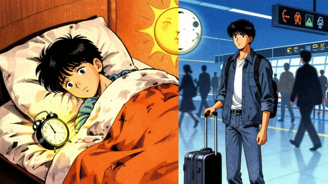 Manga style split screen of jet lag and airport confusion