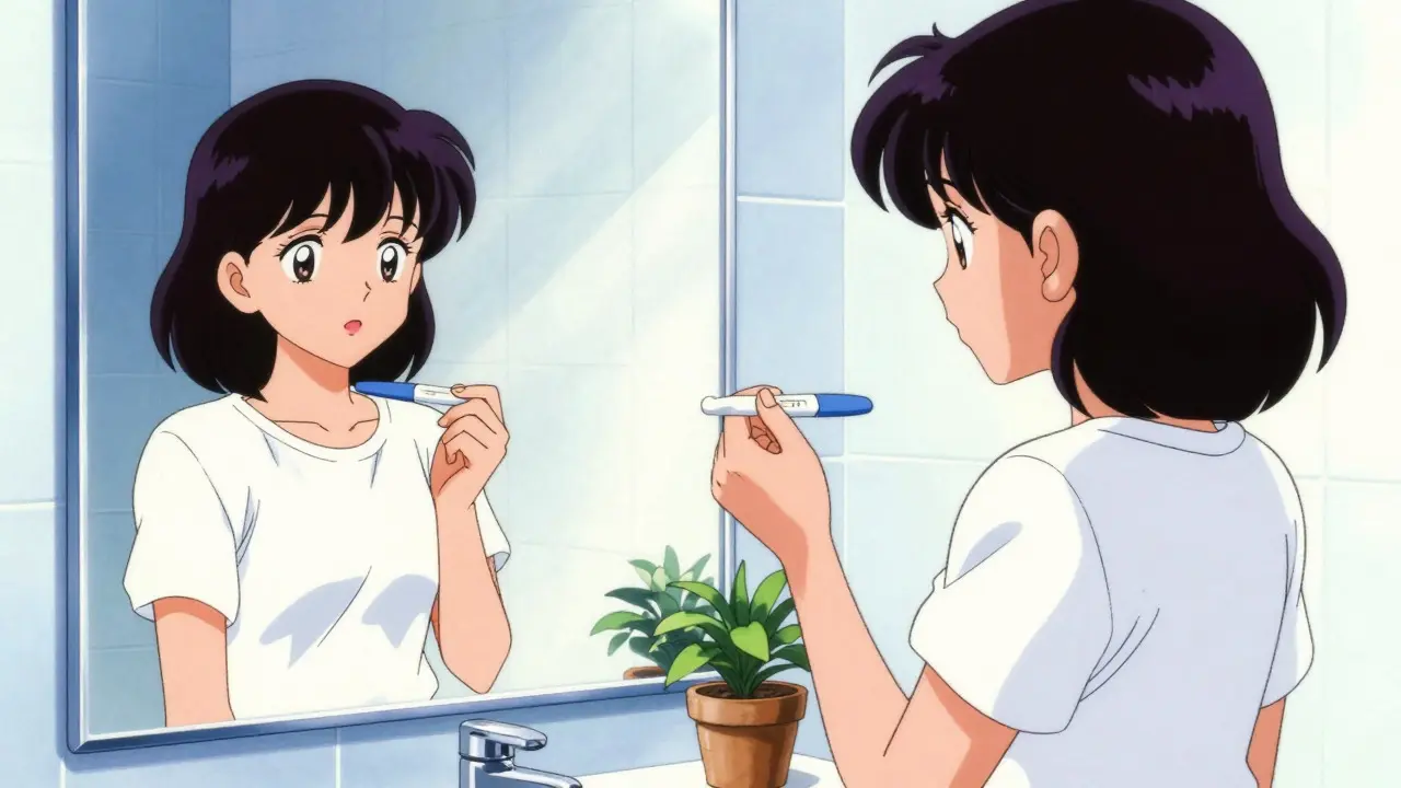 Manga style woman calmly taking home pregnancy test in bathroom