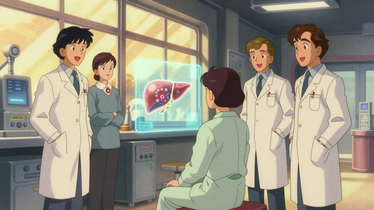 Patient viewing holographic healthy liver in retro hospital setting