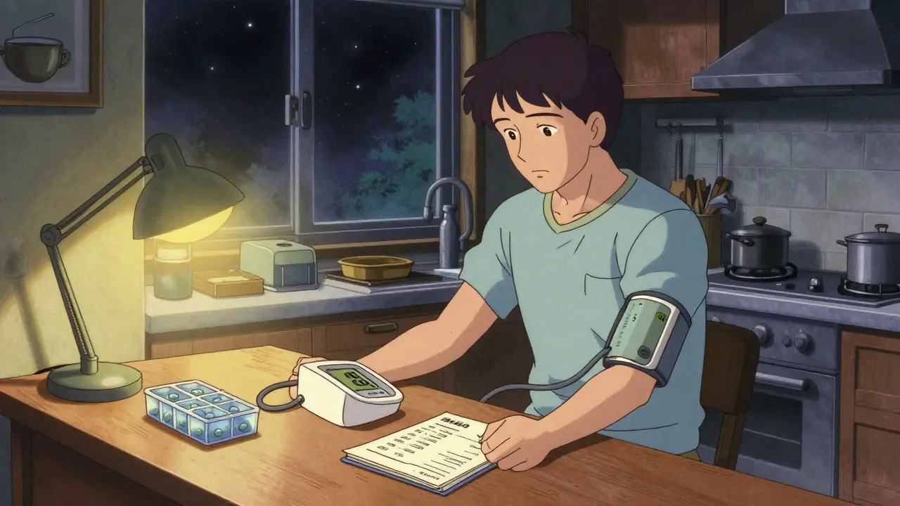 Person checking home blood pressure and logging readings in a retro anime kitchen