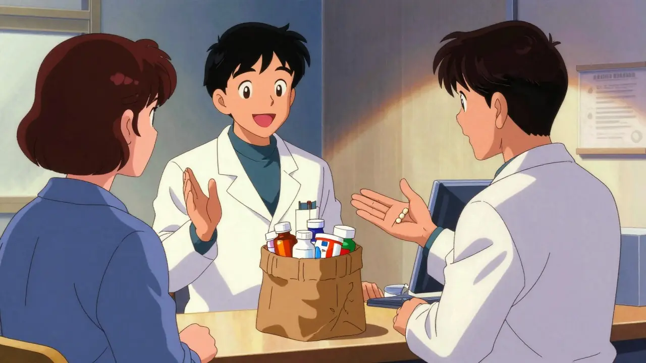 Pharmacist and patient discussing meds with a brown bag review in vintage anime style.