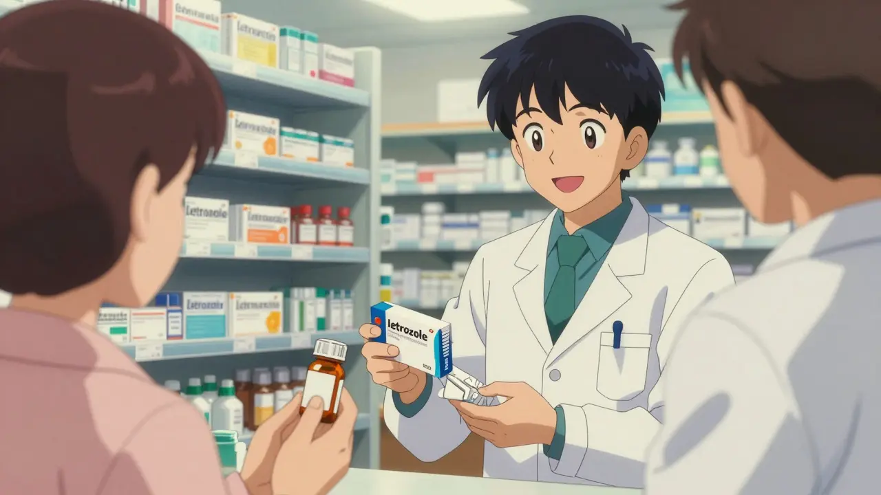 Pharmacist handing a medication box to a customer in an anime shop
